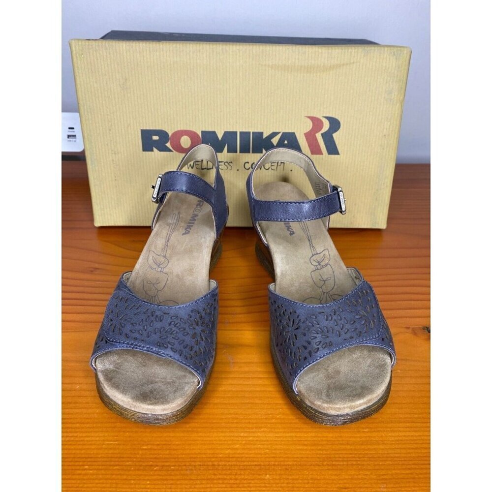 Romika Nevis 05 Blue Leather Wedge Sandals Size 37/6 Comfort Adjustable Strap